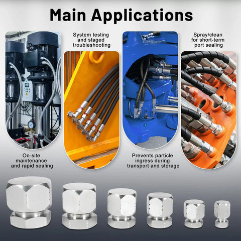 Visual guide of All In One Pro Grade Heavy Duty 72 Piece Hydraulic JIC Plug And Cap Kit With 37 Degree Flare Fittings applications.