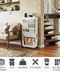 Five Tier Mobile Bookshelf With Rolling Wheels For Home Office Study Living Room Classroom White Space Saving Shelving Cart Movable File Organizer For Books Magazines And More in a living room setting showing books and accessories.