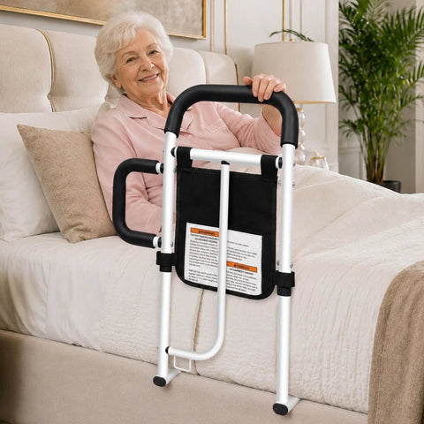Elderly woman using Heavy Duty Bed Rails for Elderly and Seniors Safe Bed Cane with 350LBS Capacity ASTM F318624 Certified