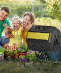 Family gardening with Dual Chamber Tumbling Compost Bin For Outdoors With 360 Degree Rotation 43 Gallon Capacity Yellow Backyard Composting.