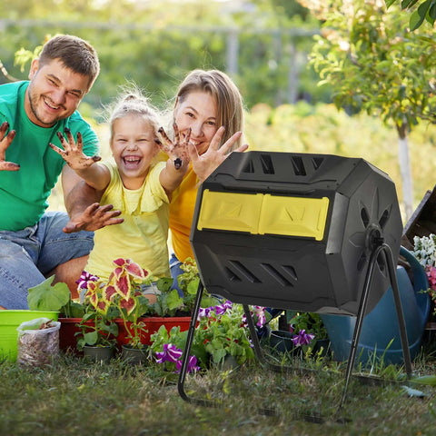 Family gardening with Dual Chamber Tumbling Compost Bin For Outdoors With 360 Degree Rotation 43 Gallon Capacity Yellow Backyard Composting.