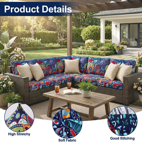 Waterproof Patio Cushion Covers Set 8 Pcs Outdoor Couch Slipcovers with vibrant blue-green pattern on wicker furniture.