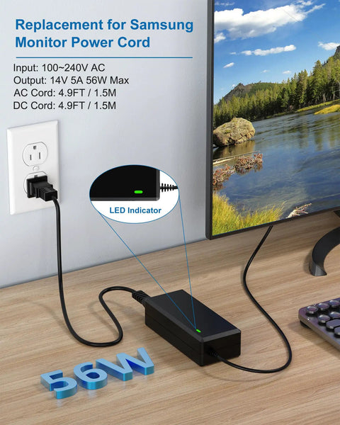 Plug And Play Replacement Monitor Power Cord DC 14V 4A That Works With SyncMaster LCD LED Monitors And TVs 15 Inch To 32 Inch For CF390 CF391 CF396 CF398 Series, black adapter on desk