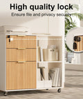 Smooth Rolling Three Drawer Lateral Filing Cabinet With Secure Locks And Sleek Fluted Finish, Solid Oak Mobile Desk Organizer Plus Roomy Printer Stand For Effortless Home Office Storage Stash with keys and oak fluted design.