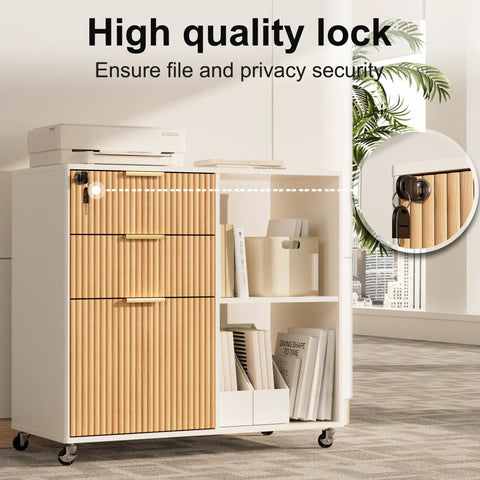 Smooth Rolling Three Drawer Lateral Filing Cabinet With Secure Locks And Sleek Fluted Finish, Solid Oak Mobile Desk Organizer Plus Roomy Printer Stand For Effortless Home Office Storage Stash with keys and oak fluted design.