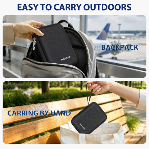 TSA Approved Peptide Travel Case With Vial Holder being placed in a backpack and carried by hand, compact and convenient.