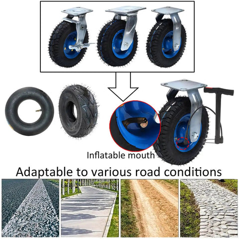 Commercial Grade Heavy Duty Swivel Caster Wheels With Strong Lock Brakes And Silent Pneumatic Air Filled Tires for various terrains.
