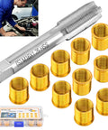 NINEFOX spark plug thread repair kit front view with M14x1.25 inserts; 10 gold threaded bushings and tap