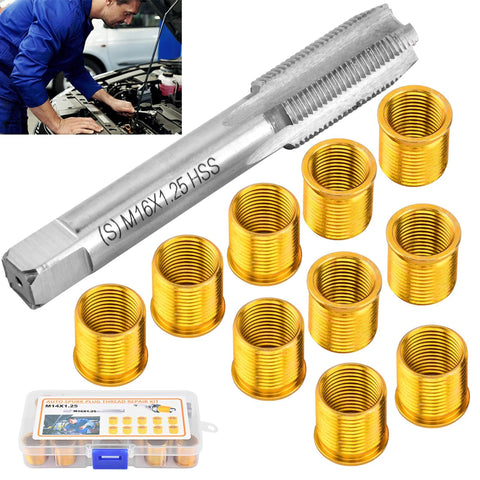 NINEFOX spark plug thread repair kit front view with M14x1.25 inserts; 10 gold threaded bushings and tap