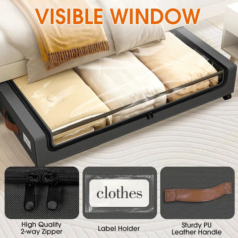 Under Bed Storage Drawers 2 Pack With Rolling Wheels And Leather Handles, Clear Window And Label, Dark Grey organizer in use