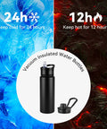 24oz Insulated Water Bottle Built Tough With Premium Stainless Steel And Double Wall Vacuum Keeping Drinks Icy Cold Through Any Adventure Featuring Chug Ready Leakproof Straw And Wide Mouth Lids For The Daily Grind Or Trail Hikes In Smooth Black against blue ice and red lava background highlighting temperature retention.