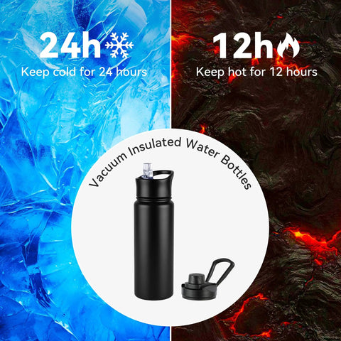 24oz Insulated Water Bottle Built Tough With Premium Stainless Steel And Double Wall Vacuum Keeping Drinks Icy Cold Through Any Adventure Featuring Chug Ready Leakproof Straw And Wide Mouth Lids For The Daily Grind Or Trail Hikes In Smooth Black against blue ice and red lava background highlighting temperature retention.