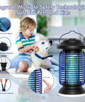 Indoor Outdoor Bug Zapper With 18W Blue Violet UV Light And 2W LED Lamp in backyard setting, child with dog nearby for scale