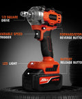 Heavy Hitter One Half Inch Cordless Impact Wrench Boasts 405 Ft Lbs Raw Torque With Silent Brushless Motor And 2800 Rpm Kick, showing variable speed trigger and LED light.