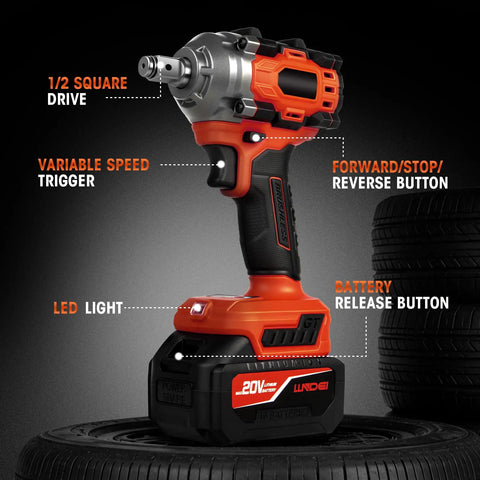 Heavy Hitter One Half Inch Cordless Impact Wrench Boasts 405 Ft Lbs Raw Torque With Silent Brushless Motor And 2800 Rpm Kick, showing variable speed trigger and LED light.