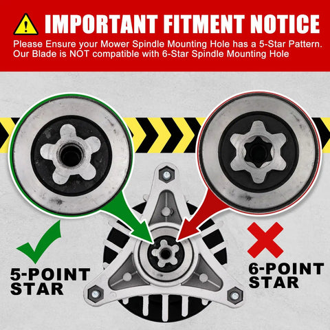 Important fitment notice showing compatibility of 5-point star vs 6-point star for 42 Inch Mower Blades For Craftsman LT1000 LT2000 T110 Zero Turn Riding Mower Replacement 138971 532138971 With 5 Point Star Center Hole Mounting Pattern Fits 42 Inch Decks.