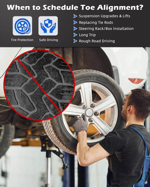Mechanic inspecting vehicle wheel alignment for safe driving and tire protection, illustrating when to schedule toe alignment.