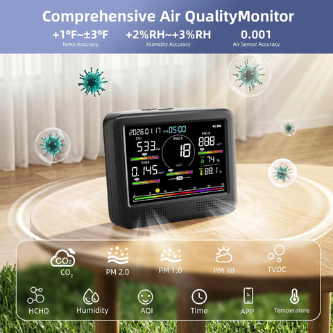 Indoor Air Quality Monitor For Home with CO2 Detector and PM Sensors on table displaying air quality metrics, silver.
