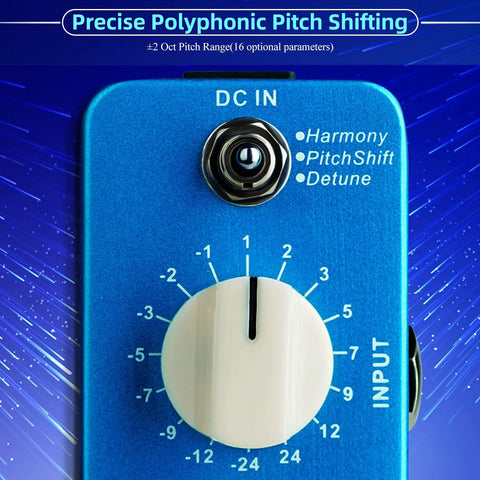 Close-up of Pitch Harmonizer Guitar Effects Pedal With True Bypass MPS1 Octave Box showing control knob and input jack.