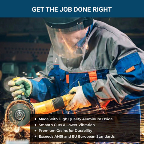 Worker using a 6 Inch Aluminum Oxide Self Sharpening Type 1 Cut Off Wheels, 0.045 Inch Thick, Seven Eighths Inch Arbor, Angle Grinder Disc