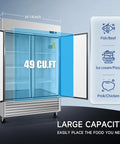 54 Inch Heavy Duty Commercial Upright Freezer With Double Door featuring 49 cubic feet interior, adjustable shelving, and clear display.