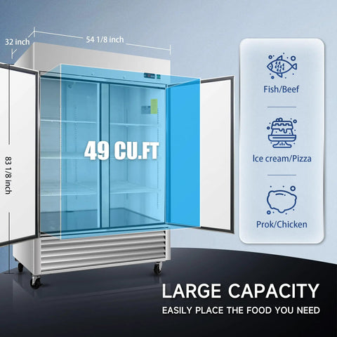 54 Inch Heavy Duty Commercial Upright Freezer With Double Door featuring 49 cubic feet interior, adjustable shelving, and clear display.