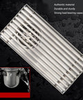 Oreilet Linear Shower Drain Bathroom Floor Drain with Hair Catcher (Side) showing stainless steel construction and drainage system.