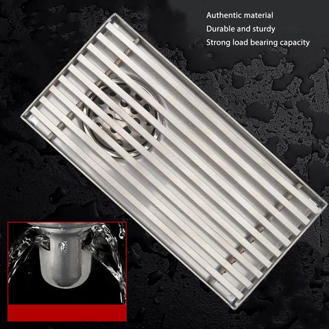 Oreilet Linear Shower Drain Bathroom Floor Drain with Hair Catcher (Side) showing stainless steel construction and drainage system.