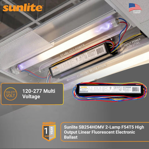 Versatile Multi Voltage Electronic Ballast For 120 To 277 Volts Input Lighting Setup For 1 To 2 Lamps Including F54T5HO FC40T5 And F55W 2G11 With Program Start For Instant Start And Quiet Operation UL Listed, visible in ceiling fixture.