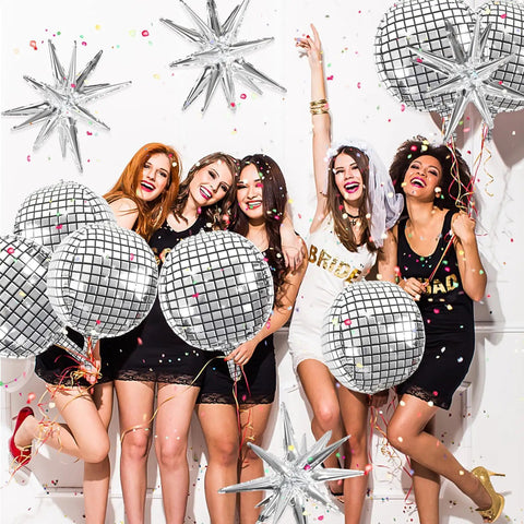 Massive 22 Inch Metallic Silver Disco Balloons With Star Accents 9 Pack For Themed Parties And Celebrations 70s Disco Decor
