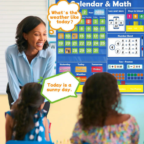 Teacher using Circle Time Calendar Pocket Chart For Classroom With Weather Seasons Emotions And Math Activities For Hands On Learning Center Includes Addition Subtraction Manipulatives For Preschool And Homeschool with students