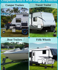 Heavy Duty 6 Inch Trailer Jack Blocks 4 Pack displayed with camper trailers, travel trailers, boat trailers, and fifth wheels.