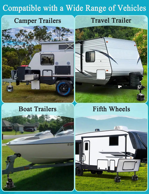 Heavy Duty 6 Inch Trailer Jack Blocks 4 Pack displayed with camper trailers, travel trailers, boat trailers, and fifth wheels.
