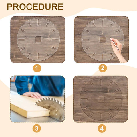 No Sweat 12 Inch Circle Clock Router Template For DIY Woodworking Crafts, Premium Thick Acrylic Clock Face Stencil shown in procedure steps.