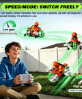 Boy playing with Ground And Air RC Motorbike Toy For Kids And Adults 2 In 1 Remote Control Vehicle with LED Lights in backyard
