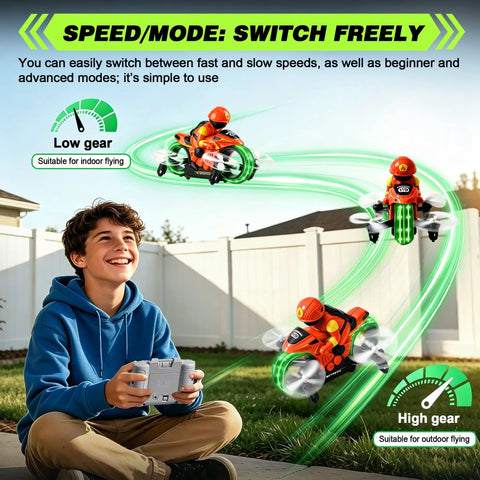Boy playing with Ground And Air RC Motorbike Toy For Kids And Adults 2 In 1 Remote Control Vehicle with LED Lights in backyard