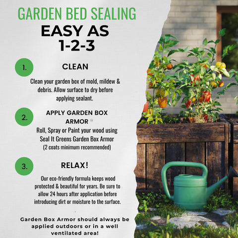 Steps showing how to apply Plant Based Wood Sealant For Gardens And Yard Projects, FDA Food Contact Safe, Non Toxic Finish For Raised Beds.
