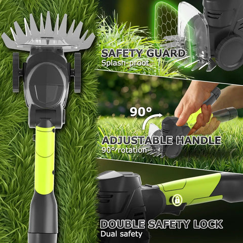 3 In 1 Cordless Hedge Trimmer With 13 Ft Reach And Adjustable Pole Lightweight Dual Battery Set Grass Shears For Women And Seniors No Fuss Easy Garden Lawn Shrub Pruning Tool For Precise Trim showing safety features and adjustable handle