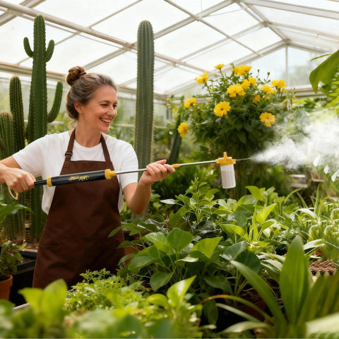 Person using Diatomaceous Earth Powder Duster With Adjustable 4 Ft Sprayer No Sweat Pump Powered for gardening