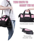Person carrying Pink Tool Bag For Women 14 Inch Zip Top Wide Mouth Organizer with adjustable shoulder strap and multiple pockets.