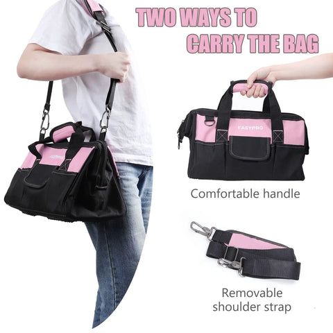 Person carrying Pink Tool Bag For Women 14 Inch Zip Top Wide Mouth Organizer with adjustable shoulder strap and multiple pockets.