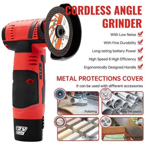 Ultra Fast Mini Cordless Angle Grinder 19500 RPM With Dual Batteries, 76mm Handheld Cutter showcased with features