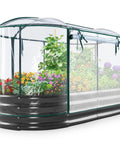 Raised Garden Bed With Clear PVC Cover, Galvanized Oval Garden Box For Outdoors, houses colorful flowers, herbs, easy assembly design.