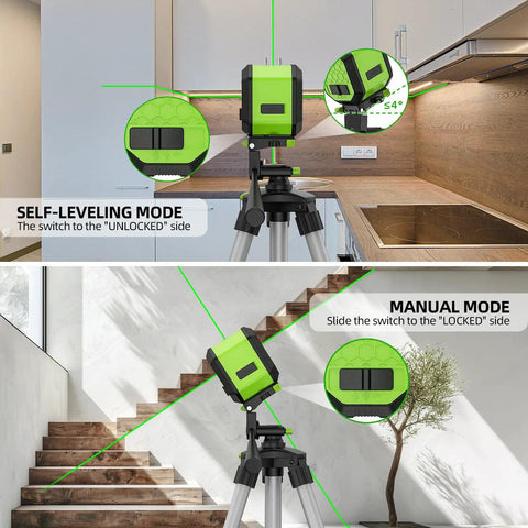 Self Leveling Green Cross Line Laser Level With 100 Ft Range For DIY Construction And Indoor Decoration Accurate Leveling And Plumb In A Snap Built In Li Ion Battery For Long Lasting Power in self-leveling and manual modes.