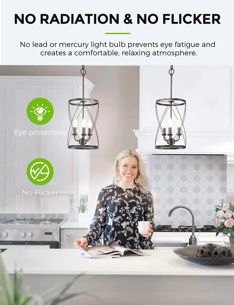 Modern kitchen with pendant lighting, no-flicker feature promoting eye comfort, showcasing energy-saving E12 LED Candelabra Bulbs 60 Watt Equivalent.