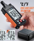 Hand holding Temperature Humidity Meter High Precision Digital Hygrometer with large LCD display and protective cover