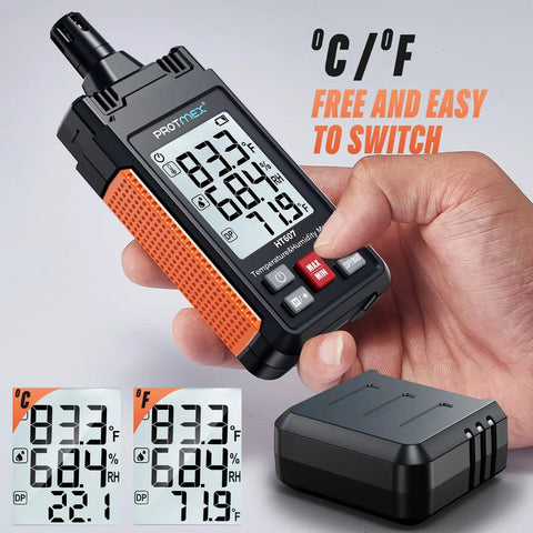 Hand holding Temperature Humidity Meter High Precision Digital Hygrometer with large LCD display and protective cover