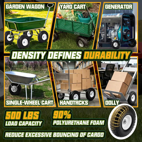 Durable 10 Inch Flat Free Solid Tire And Wheel Bundle Featuring Adjustable Hub Adaptors And 5 8 Bearing Bore showing various carts and a generator.