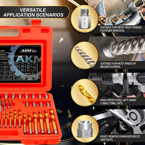 50 Piece Bolt Extractor Set With Pilot Center Pin, MultiSpline Extractors, Left Hand Cobalt Drill Bits, red carrying case, tools displayed