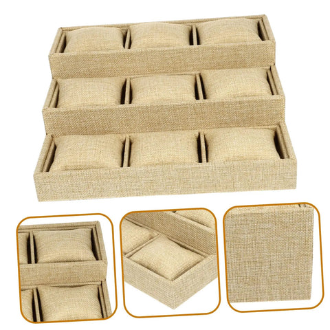Slick Nine Grid Linen Watch Organizer Tray With Snug Padded Pillows to Keep Your Timepieces and Bling Tidy and Secure On Any Dresser Or Vanity Countertop.